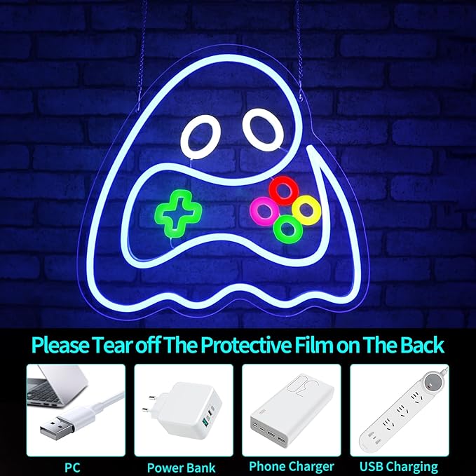 Ghost Neon Sign, JGHTURIE Gamer Neon Signs for Wall Decor Gaming Light Up Blue Led Sign USB Powered Game Room, Man Cave Decor