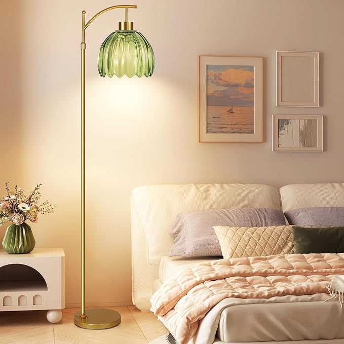 ILLMTW Glass Floor Lamp for Living Room,Bedroom,Gold Mid Century Modern Standing Lamp with Remote,Dimmable Brass Tall Lamp Vintage Tulip Green Arc Flower Floor Light Boho Bohemian