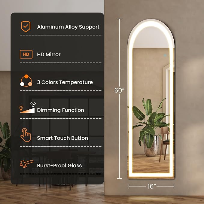 60x16 Inches Arched LED Mirror Full Length, Floor Body Mirror with Stand | Adjustable 3 Color LED Lights for Makeup & Outfit Checks, Aluminum Frame Mirrors for Room Decor, Bedroom Accessories