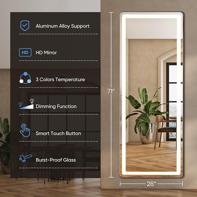 DUMOS Full Length Mirror Lighted, 26"x70" LED Floor Standing Mirror | LED Lights 3 Color Lighting and Shatterproof Tempered Glass, Wall Hanging or Leaning, Floor Standing, Modern Home Decor