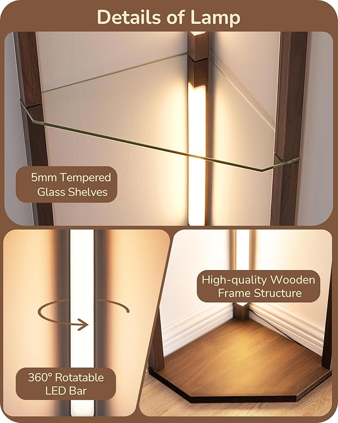 EDISHINE Floor Lamp with Shelves, 5-Tier Glass Display Shelf with Remote/Foot Control, 5CCT & Dimmable Corner Shelf Lamp, Open Display Cabinet, Floor Lamps for Living Room, Bedroom, Walnut Color