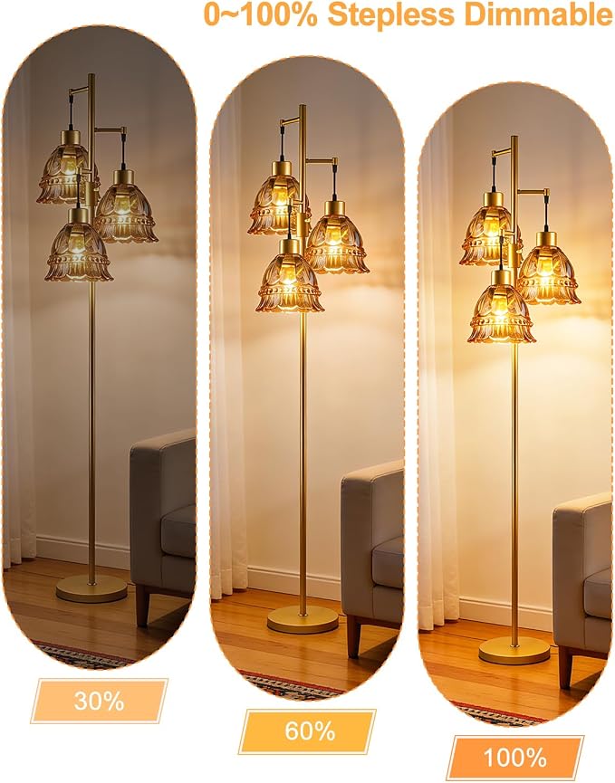 Lightdot 3-Lights Glass Floor Lamp Dimmable Gold Floor Lamps with Brown Glass Shade 3000K Bulbs Included Unique Modern Standing Tall Lamp with 5Lbs Heavy Base for Living Room/Bedroom/Sofa Beside