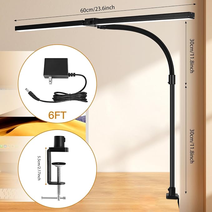 LED Desk Lamp with Clamp, 18W Dimmable Light, No Remote | 18W Dimmable Eye-Caring Clamp Light with Anti-Glare Cover and Flexible Gooseneck for Office, Dorm, Home and Study