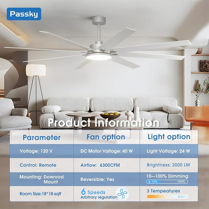 80 Inch Ceiling Fans with Lights and Remote, Nickel Modern Ceiling Fan | Reversible DC Motor, Timer, 3CCT, Dimmable, Quiet, Ceiling fan For Living Room, Patio Farmhouse, Indoor/Outdoor