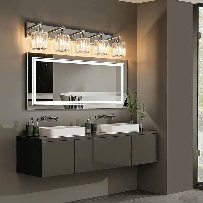 Brushed Chrome Crystal Bathroom Vanity Light, 5-Light Modern Bathroom Lighting Fixtures Over Mirror,Chrome Wall Sconce Light Fixtures with Round Shade