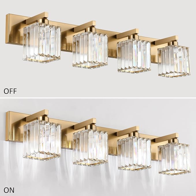 Aipsun Bathroom Lighting Fixtures Modern Crystal Vanity Light Brass 4 Light Bathroom Vanity Light (Exclude Bulb)