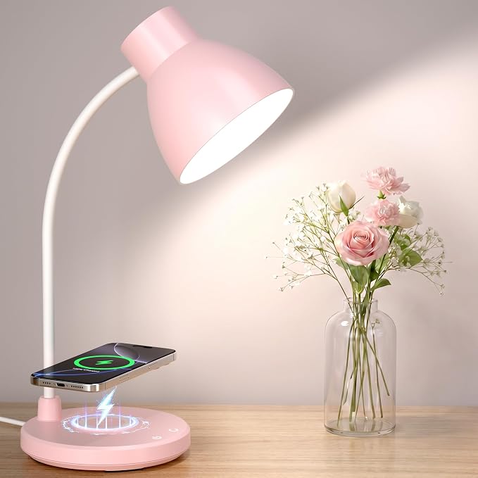 LED Desk Lamp for Home Office with Wireless Charger, Pink | 3 Color Modes Dimmable Eye-Caring Study Reading Dorm Desk Lamp, 360° Flexible Arm Table Lamp for College Dorm Room, 800 Lumen