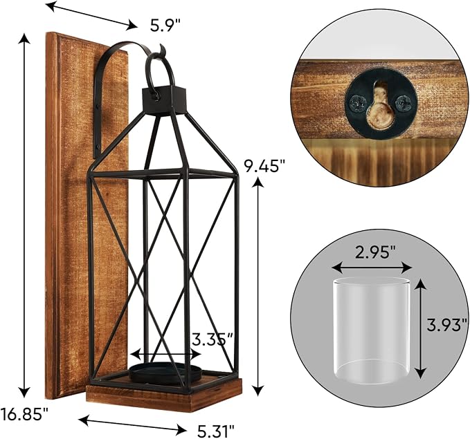 Homemory Wall Candle Sconces Set of 1, Rustic Wood Holders with Glass Decor | Dark Brown Wood and Glass Design Adds Rustic Farmhouse Style for Living Rooms, Bedrooms, Fireplaces and Wall Decor