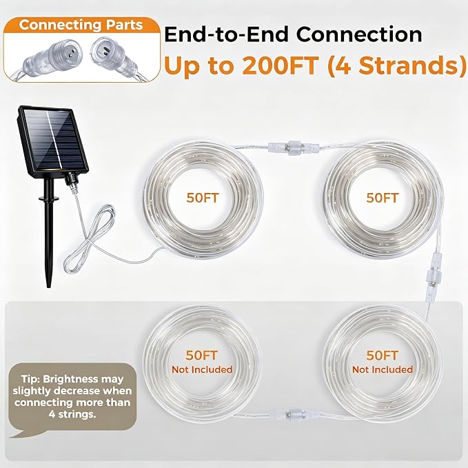 Connectable 100FT 600LED Solar Rope Lights Outdoor Waterproof | 1.97'' LED Spacing More Brighter, USB & Solar Powered Fairy Lights for Outside Yard Tree Pool Christmas Decor, Warm White