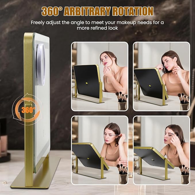 Rechargeable Vanity Mirror with Lights, 3000mAH Battery, 16"×12.4" LED Makeup Mirror, 10X Magnification, Smart Touch with 3-Color Lighting, 360° Rotation, Lighted Up for Makeup Desk, Bedroom (Gold)