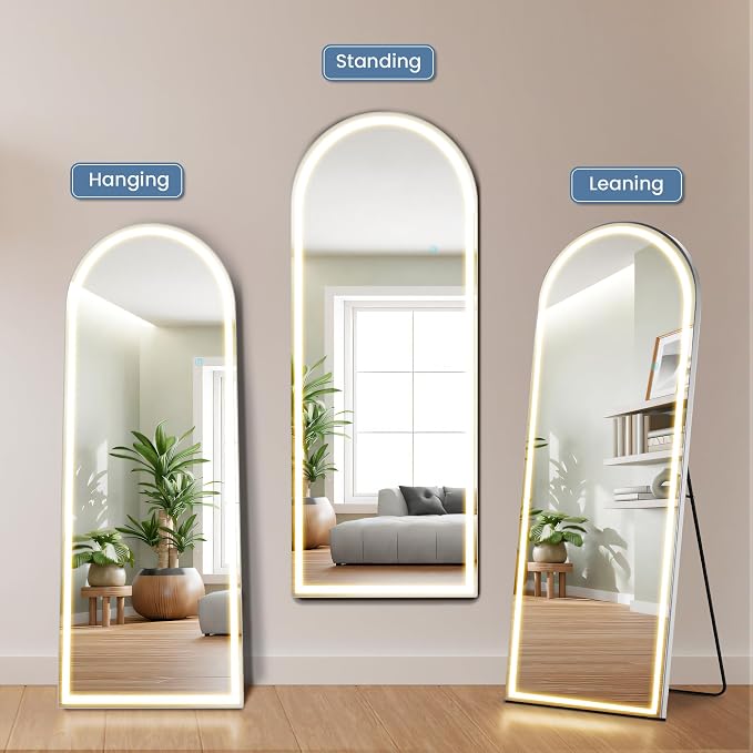 DUMOS Arched Full Length Mirror Lighted, 26"x70" LED Floor Standing Mirror | LED Lights 3 Color Lighting and Shatterproof Tempered Glass, Wall Hanging or Leaning, Floor Standing, Modern Home Decor
