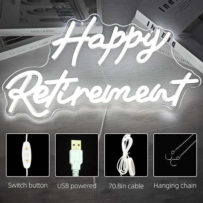 Happy Retirement Neon Signs for Wall Decor,Dimmable Neon Lights for Bedroom Wall Decor USB Powered Led Signs for Bedroom Wall Birthday Party Gifts Retirement Party Decor
