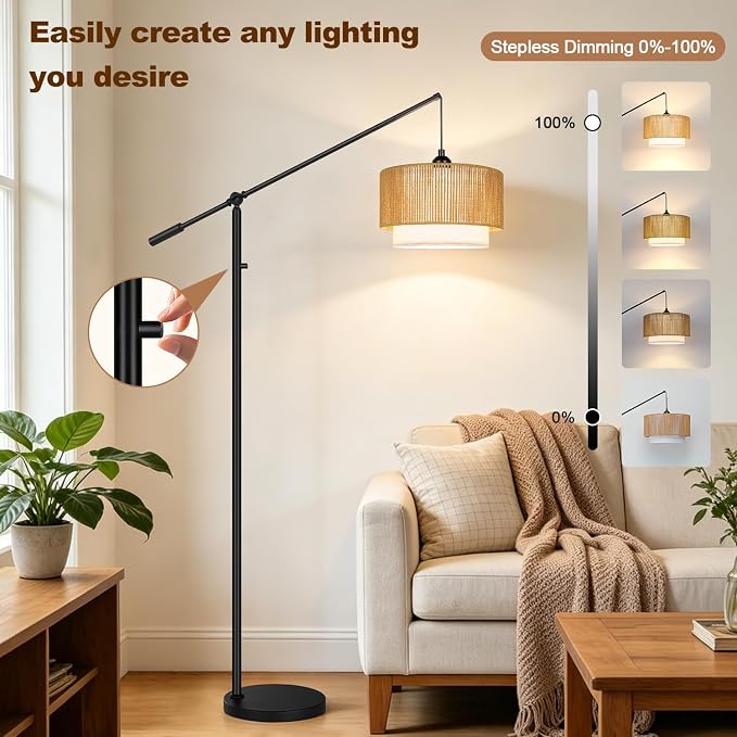 【Upgraded】Boho Dimmable Floor Lamps with Adjustable Swing Arm, 1100 Lumens Bulb Included, Modern Standing Lamp with Rattan & Fabric Shades, Farmhouse Tall Arc Floor Lamp for Living Room Bedroom, Black