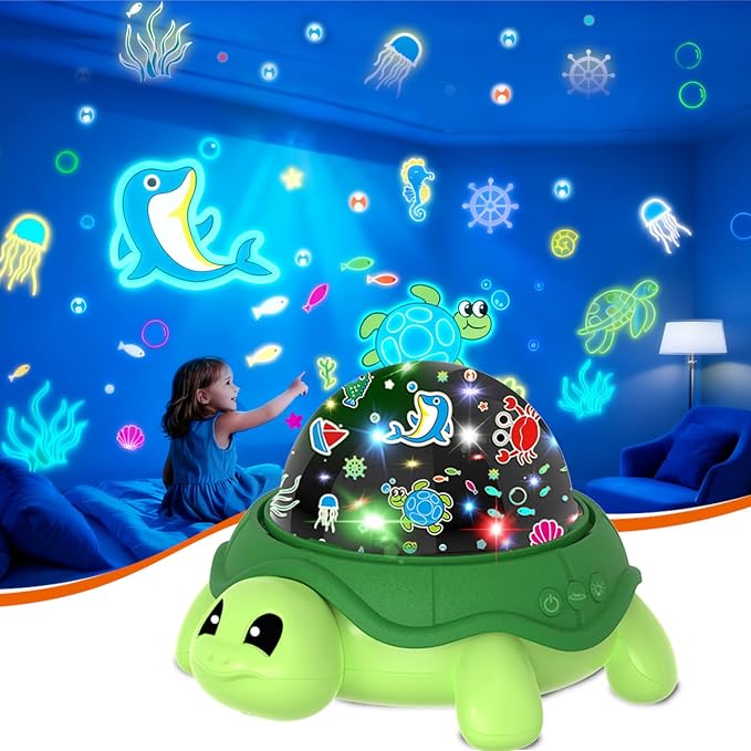 Turtle Kids Night Light,Toys for Boys 3-8 Years Old Starry Sky Projector Light,360 Rotation,4 LED Bulbs,16 Light Colors Variable,USB Cable Powered,Ceiling Light for Kids Bedroom