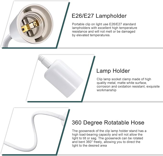 2 Set Clip Desk Lamp Socket with Adjustable Flexible Neck, E26 E27 Clip Lamp Socket Clamp with 240CM Cord, Clamp Light Stand with On/Off Switch and 9 &350 MM Metal Tube Clip on Reading Light (No Bulb)