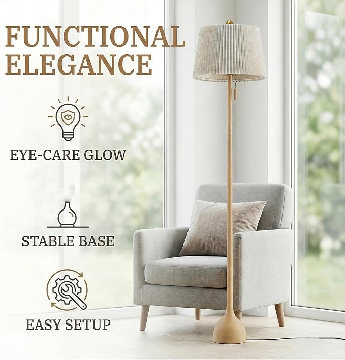 MOFFE Mid Century Modern Real Wood Floor Lamp with 2 Shades for Two Looks | 65" Tall,Sculptural Teardrop Base,Wooden Pull Chain,Vintage Standing Lamp,Linen Shades,Living Room,Bedroom, Bulb Included