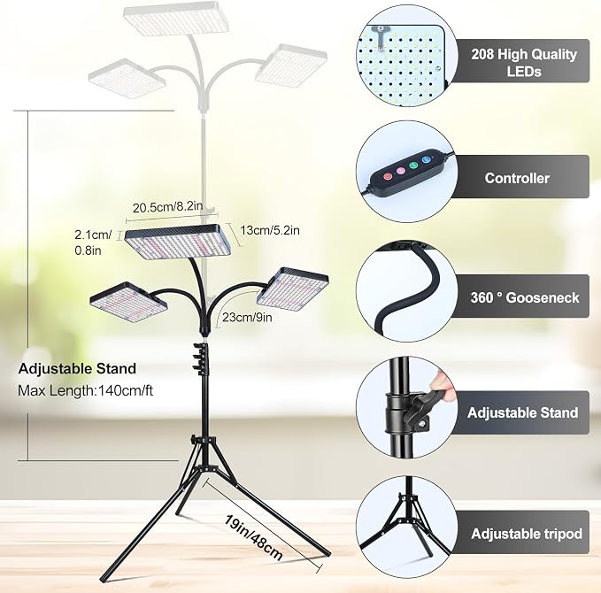 3Head Grow Light with Stand, 75 Watt Bright Enough and Big Coverage, Natural Sunlight Full Spectrum Plant Growing Lamps for Tall&Large Indoor Plants, Bonsai Tree, 4/8/12/16/20H 5-Mode Timer