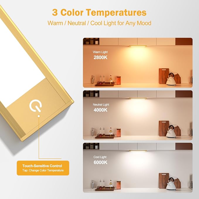 V4light Motion Sensor Cabinet Light, Rechargeable, Dimmable, 4Pcs, 9in | Gold aluminum, magnetic wireless, 1800mAh, 3 color temps & dimmable, ideal for kitchen, closet, shelf & stair