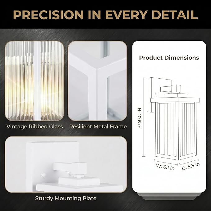 2 Pack White Porch Light, Rust-Resistant Outdoor Wall Light | Corrosion-Resistant Metal, Textured Glass Cuts Glare, Easy DIY Install on Porch, Garage