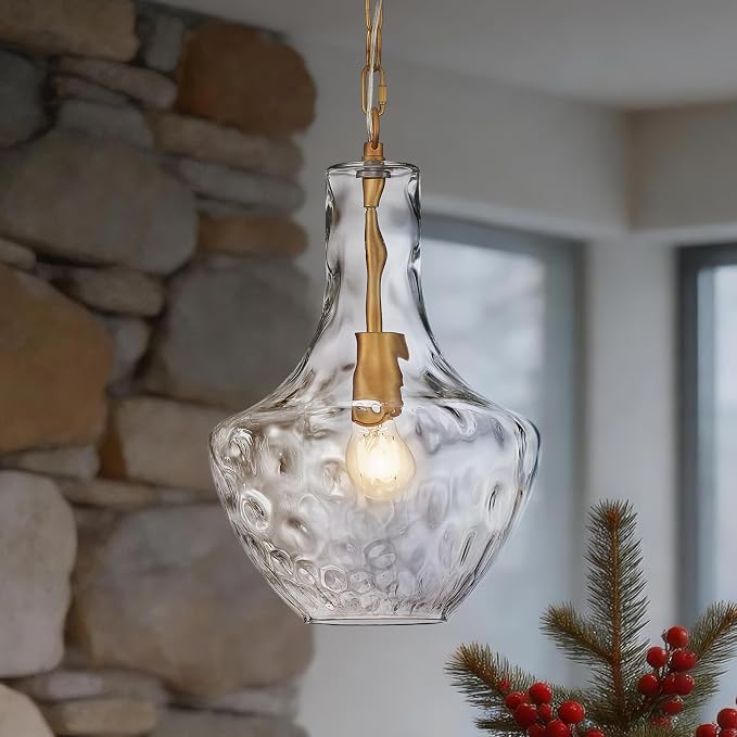 Hammered Glass Pendant Light Gold Kitchen Island Light Large Glass Pendant Lights Over Sink Brass Hand-Blown Glass Hanging Light for Kitchen Dining Room Hallway Entrance