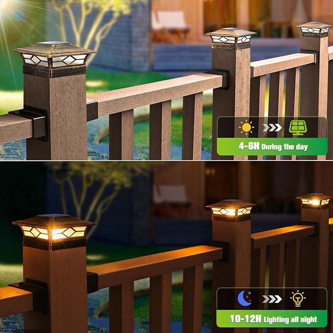 Solar Post Cap Lights Outdoor 12pack, Waterproof Solar Powered Deck Fence Post Lights for 4x4 Wood/Vinyl Posts, Solar Outdoor LED Light with Cool/Warm Lighting Decorate Garden Patio Porch…