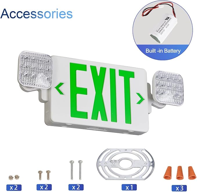 Green LED Exit Sign Emergency Light Combo, UL Listed Battery Backup | UL-listed commercial fire exit sign features 90-min battery backup, 360° rotating dual heads, and easy dual-mount setup.