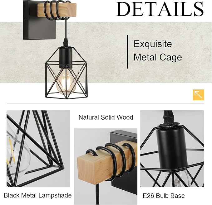 foucasal Wall Sconces Set of Two, Farmhouse Rustic Wall Light Hardwired | Indoor Wooden Wall Mounted Lamps Set of 2 for Bedroom, Living Room, Bathroom, Entryway, Porch, Hallway, Stair
