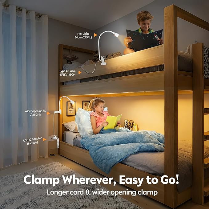 acegoo Minimalist Reading Light for Bed Headboard Dimmable White Book Light Clip on Lamp with USB-C Adapter, Flexible Neck & Handy Lamp Head Switch, CRI 95+