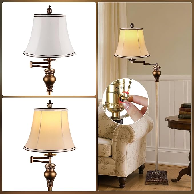 Vintage Floor Lamps for Living Room,Traditional 350° Adjustable Swing Arm Farmhouse Floor Lamp for Bedroom, Rustic Standing Lamp Pole Lamps for Reading, Home Décor and Office,Bronze Gold