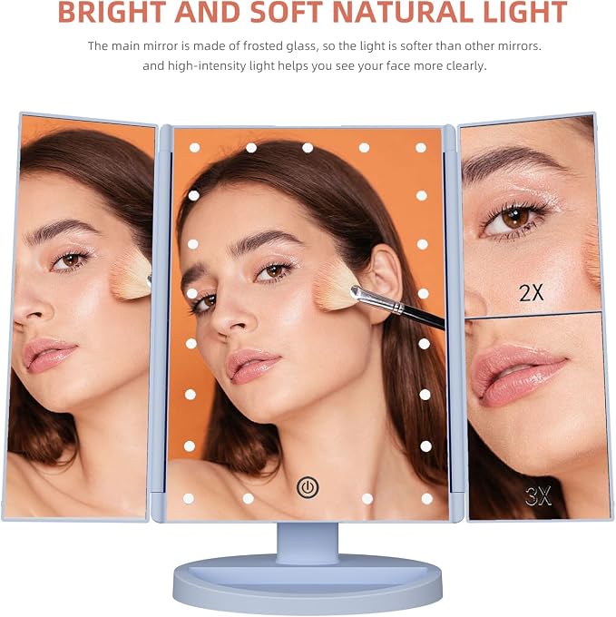 Infitrans Trifold Makeup Mirror Vanity Mirror with Lights,1X 2X 3X Magnification,Touch Control,Adjustable Rotation,Dual Power Supply,Portable Travel Cosmetic Mirror,Birthday Gifts for Women,Teengirls