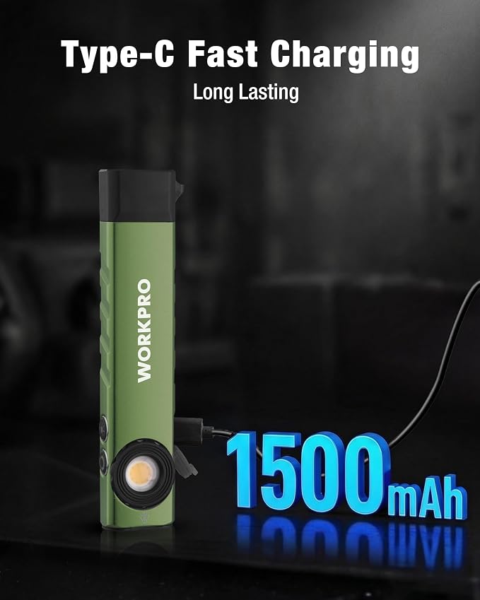 WORKPRO Rechargeable Pocket Flashlight, Magnetic EDC Light with UV, Green | Compact, 600 Lumens LED & UV Light, 2 Magnetic Bases, Pocket Clip, 7 Modes, Camping, Garage, Repair & Emergency Use