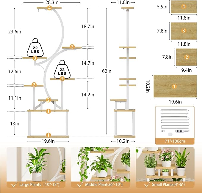 BACEKOLL Plant Stand Indoor with Grow Light, 8 Tier Corner Plant Shelf Tall | 62" Lighted Flower Holder for Plant Multiple, Space-Saving Beautiful Display Growing Rack for Home, Sturdy Metal, Natural