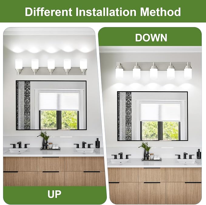 Bathroom Light Fixtures, Brushed Nickel Bathroom Lighting Fixtures Over Mirror, Modern Vanity Light with White Glass Shade, Restroom Lighting Fixtures, 5-Light 36-inch