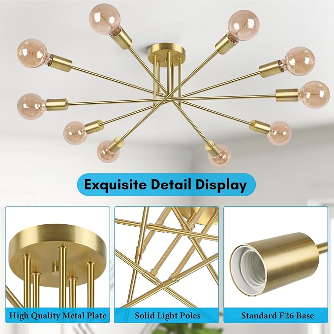Flush Mount Ceiling Light Fixture, 10-Light Modern Gold Sputnik Chandelier | Industrial Ceiling Lamp for Kitchen Dining Room Living Room Bedroom Foyer