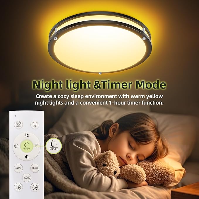 hepside Flush Mount LED Ceiling Light with Remote, Dimmable& 3000K-6500K Adjustable Ceiling Light Fixture, Timer, Night Light, 16 inch Black Ceiling Lamps for Kitchen Bathroom Bedroom Hallway
