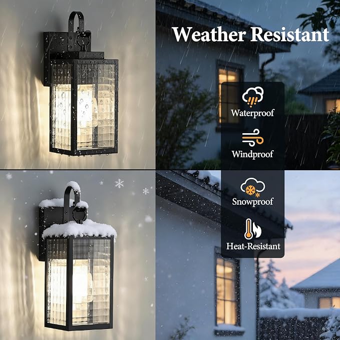 11.8" Dusk to Dawn Porch Light, Wall Mount Outdoor Light, Black | Checkered Glass, Soft Ripple Glow, Auto Dusk to Dawn, Rust-Resistant, Pre-Assembled DIY Install on Porch, Garage