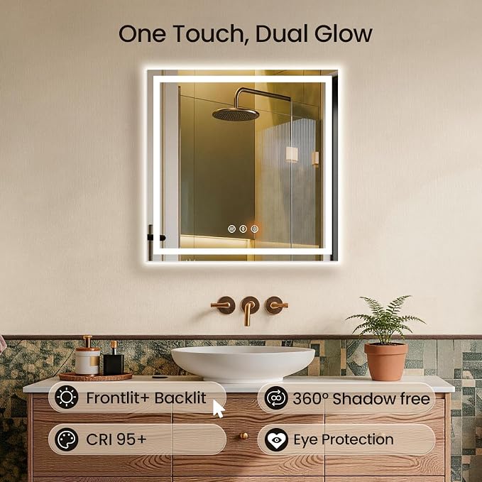 30x30 LED Bathroom Mirror with Anti-Fog, Backlit & Front Lit, Memory | Stepless Dimmable 3 Color CRI 95+ Shatterproof Tempered Glass ETL Listed for Safety Lighted Bathroom Vanity Mirror for Wall