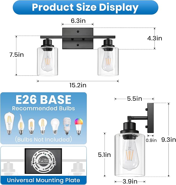 Ascher 2 Light Bathroom Light Fixture, Matte Black Bathroom Lighting Fixtures Over Mirror, Vanity Light with Clear Glass Shade, Wall Sconce for Living Room Bedroom Cabinet, E26 Base