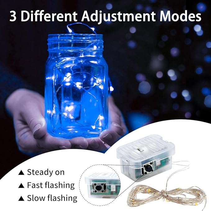 50 Pack Blue Fairy Lights 7Ft 20 LED Twinkle String Lights 3 Modes Battery Operated Waterproof Firefly Starry for Mason Jar Wedding Party 4th of July Christmas Day Table Centerpieces