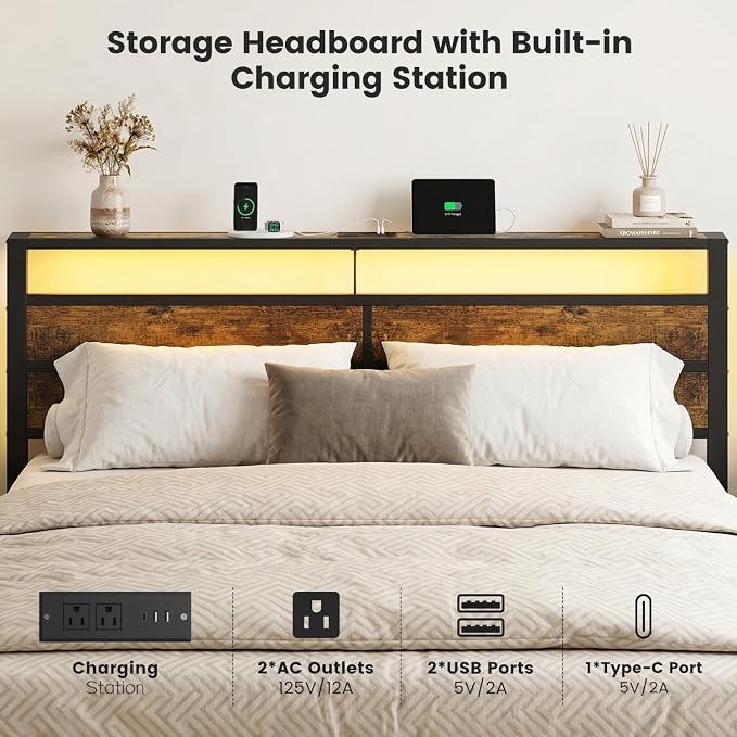 King Size Bed Frame with LED Lights and Charging Station | Brown Metal Platform Bed, Wood Headboard, Sturdy Slats, No Box Spring Needed, Noise Free, Easy Assembly