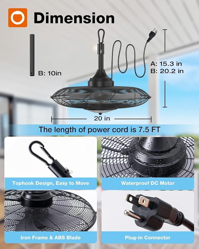 addlon 20" Outdoor Ceiling Fan with Light for Patio, IP65 Plug in Caged Fan | Waterproof, Hanging, Reversible DC Motor, 6 Speeds, Remote/APP Control, Quiet Operation, Timer, for Gazebo, Patio, Porch