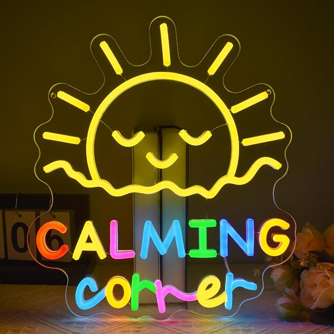 Calming Corner Neon Sign Sun Calm Down Led Neon Light for Wall Decor, Dimmable Colorfu Signs for Library Classroom School Office Nursery Decoration, USB Powered 13.8"x12.2"