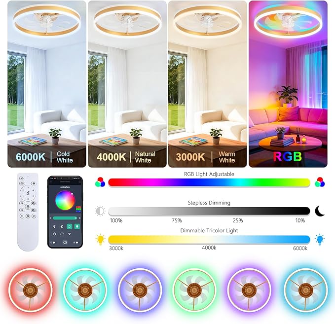 RGB Ceiling Fan with Light, 20'' Low Profile Ceiling Fans with Remote Control, Smart Gold Flush Mount LED Fan Light, Modern Bladeless Fandelier for Bedroom, Living Room, Kitchen