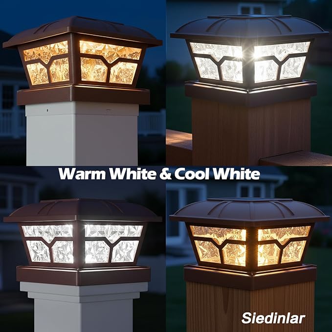 SIEDiNLAR Solar Post Cap Lights Outdoor 2 Color Modes 8 LEDs for 4x4 5x5 6x6 Posts Fence Deck Patio Decoration Warm White & Cool White Lighting Brown (4 Pack)