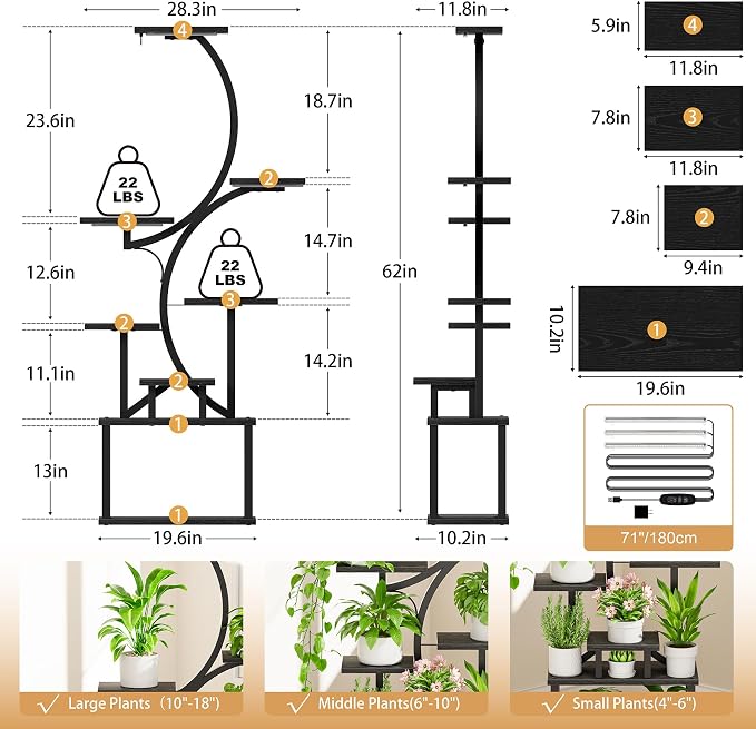 BACEKOLL Plant Stand Indoor with Grow Light, 8 Tier Corner Plant Shelf Tall | 62" Lighted Flower Holder for Plant Multiple, Space-Saving Beautiful Display Growing Rack for Home Patio, Sturdy Metal, Black
