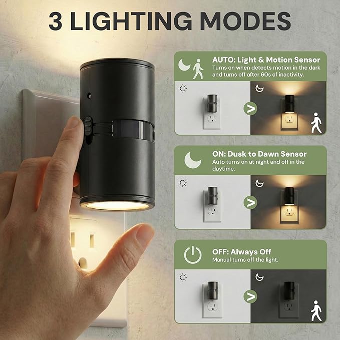 L LOHAS LED Motion Sensor Night Light, Motion Sensor Light Indoor, Rotating | Motion Activated Night Lights Plug into Wall,Amber-3000K-5000K,10-50-100%LM Dimmable Nightlights Mini, Hallway Bathroom,2Pack