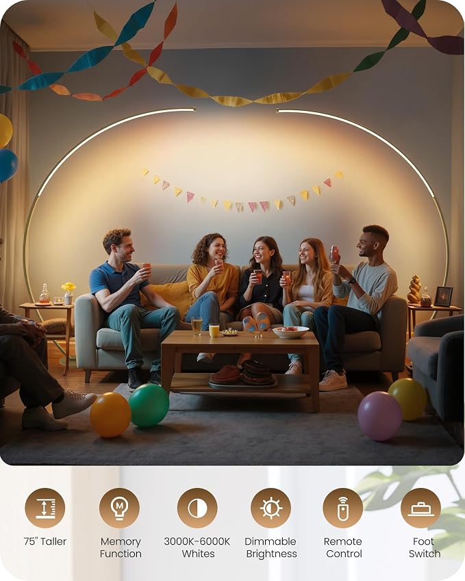 75 inch Dimmable LED Arc Floor Lamp for Living Room with Foot and Remote Control, 3 Color Temperatures, 3000K-6000K Whites, Stepless Dimming,Gold D62LD05