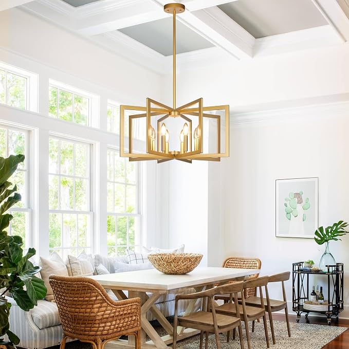 Lynnoland 25"-61" Height Adjustable Modern Gold Chandelier for Dining Room, No Assembly Required Gold Dining Room Light Fixture Over Table, Industrial Metal Pendant Lights Fixture for Kitchen Island