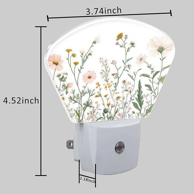 Wildflowers Plug in Night Lights, Watercolor Colorful Wildflowers Nightlight Plug Into Wall Dusk to Dawn Sensor for Kid Girls Boys Women Men Room, Hallway, Kitchen, Bathroom, Stairs Decor