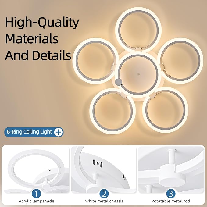 LED Ceiling Light, 6-Ring Modern Flush Mount Fixture, 77W Dimmable 3000K–6500K, White Ceiling Light with Remote for Living Room Bedroom Kitchen (28.9")